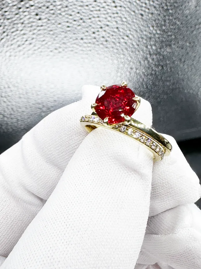 Fire Brilliance Rings Julianne 8mm Round LabGrown Ruby Solitaire 6 Prong 18K Yellow Gold Ring Band Set