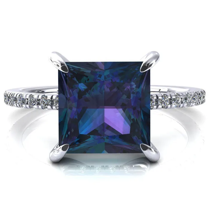 Fire Brilliance Rings Mayeli Princess Alexandrite 4 Claw Prong Micro Pave Diamond Sides Engagement Ring Fire Brilliance Rings Mayeli Princess Alexandrite 4 Claw Prong Micro Pave Diamond Sides Engagement Ring