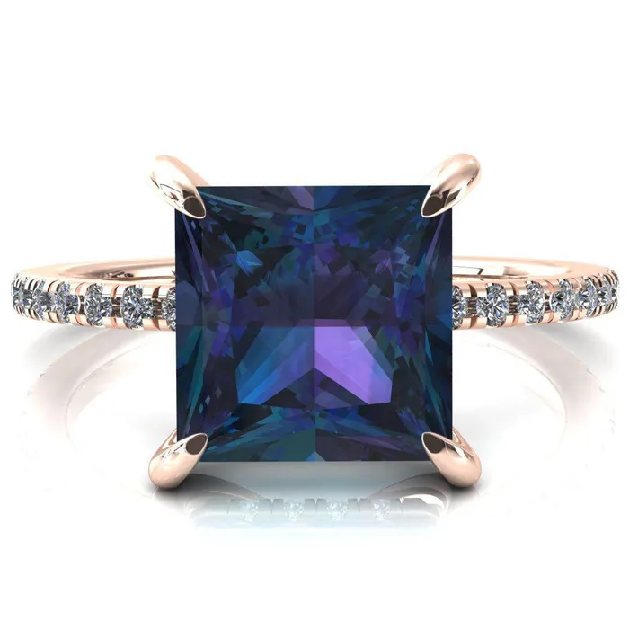 Fire Brilliance Rings Mayeli Princess Alexandrite 4 Claw Prong Micro Pave Diamond Sides Engagement Ring