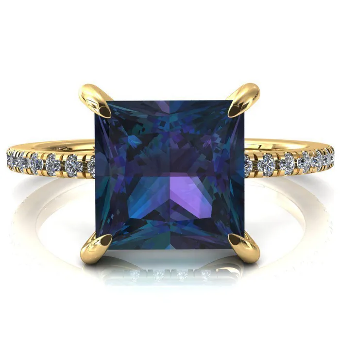 Fire Brilliance Rings Mayeli Princess Alexandrite 4 Claw Prong Micro Pave Diamond Sides Engagement Ring