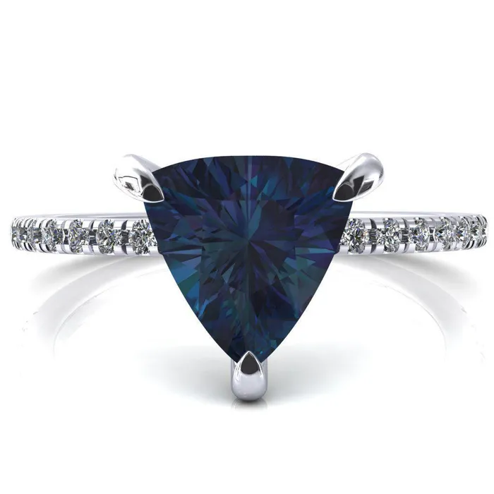 Fire Brilliance Rings Mayeli Trillion Alexandrite 3 Claw Prong Micro Pave Diamond Sides Engagement Ring Fire Brilliance Rings Mayeli Trillion Alexandrite 3 Claw Prong Micro Pave Diamond Sides Engagement Ring
