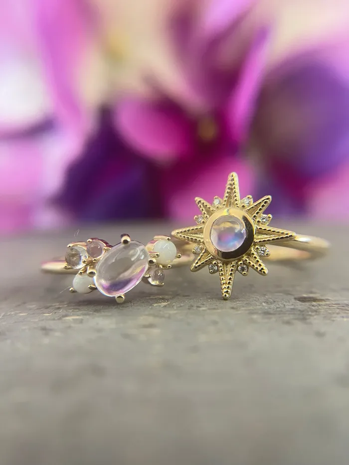 Fire Brilliance Rings Natural Opal Moonstone Quartz MultiStone Ring
