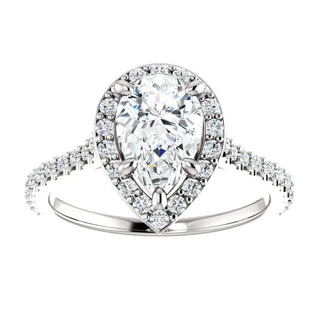 Fire Brilliance Rings Pear Moissanite Diamond Accent Ice Halo Bezel Ring