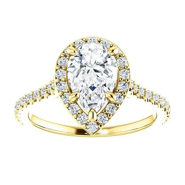 Fire Brilliance Rings Pear Moissanite Diamond Accent Ice Halo Bezel Ring