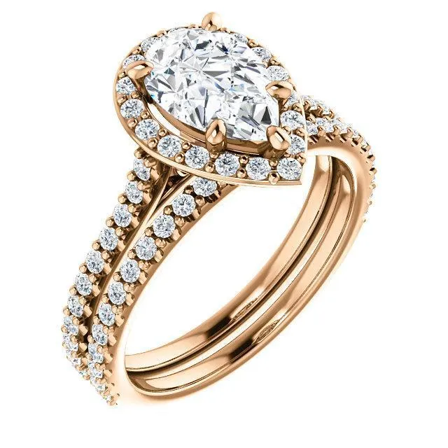 Fire Brilliance Rings Pear Moissanite Diamond Accent Ice Halo Bezel Ring