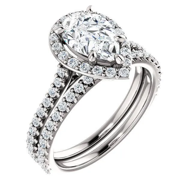 Fire Brilliance Rings Pear Moissanite Diamond Accent Ice Halo Bezel Ring