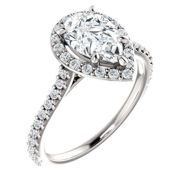 Fire Brilliance Rings Pear Moissanite Diamond Accent Ice Halo Bezel Ring