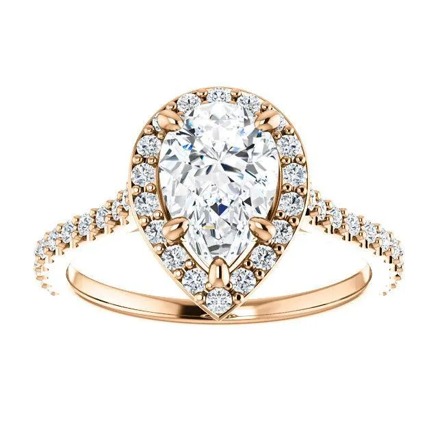 Fire Brilliance Rings Pear Moissanite Diamond Accent Ice Halo Bezel Ring