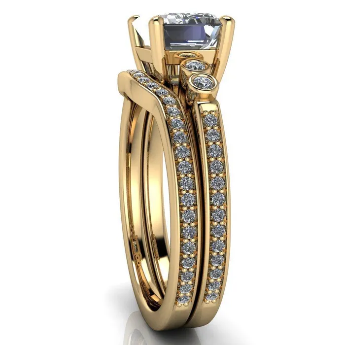Fire Brilliance Rings Philippa Emerald Center Stone 4 Prong Under Bezel Multi Stone Engagement Ring