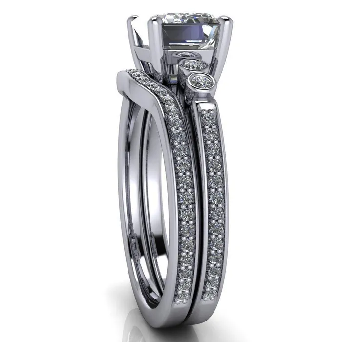 Fire Brilliance Rings Philippa Emerald Center Stone 4 Prong Under Bezel Multi Stone Engagement Ring