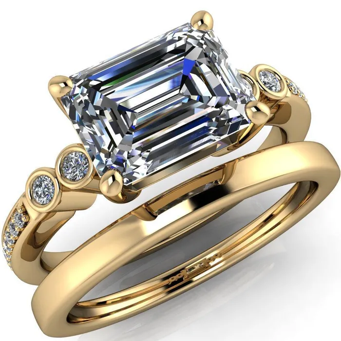 Fire Brilliance Rings Philippa Emerald Center Stone 4 Prong Under Bezel Multi Stone Engagement Ring