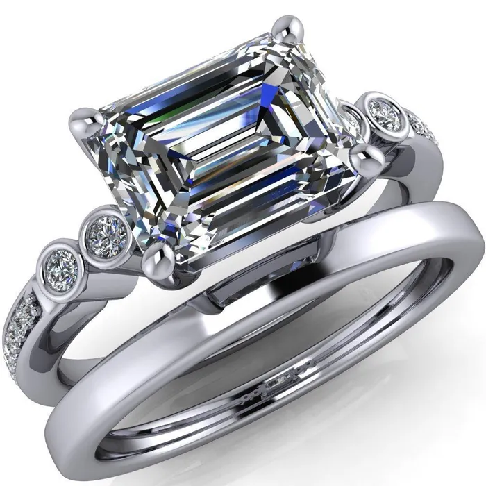 Fire Brilliance Rings Philippa Emerald Center Stone 4 Prong Under Bezel Multi Stone Engagement Ring