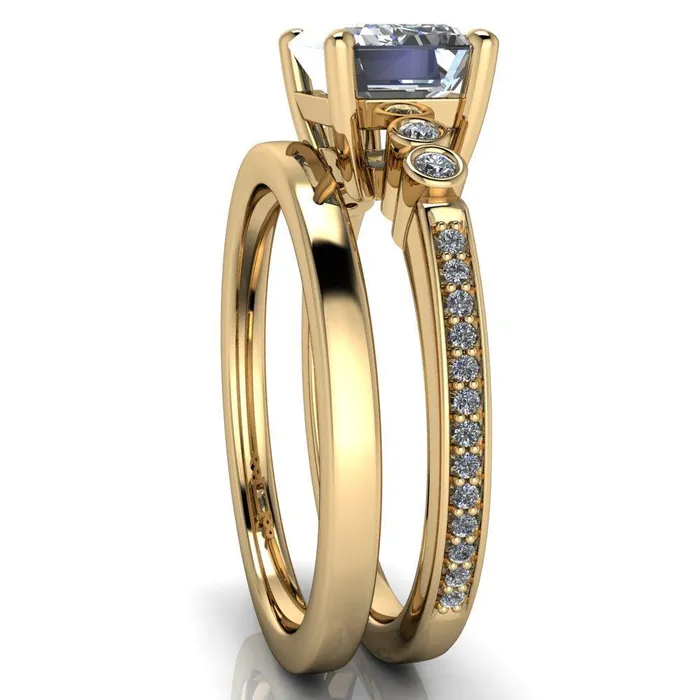 Fire Brilliance Rings Philippa Emerald Center Stone 4 Prong Under Bezel Multi Stone Engagement Ring