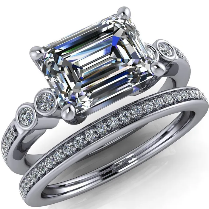 Fire Brilliance Rings Philippa Emerald Center Stone 4 Prong Under Bezel Multi Stone Engagement Ring