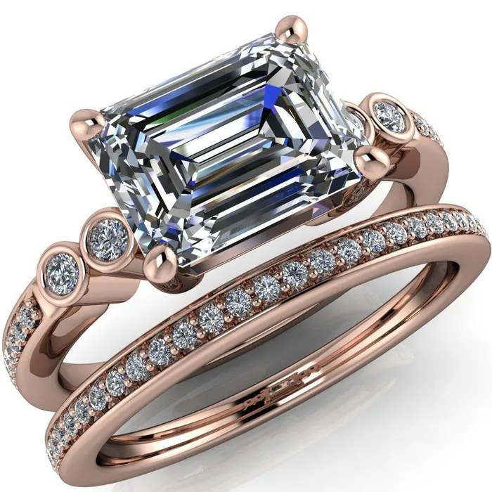Fire Brilliance Rings Philippa Emerald Center Stone 4 Prong Under Bezel Multi Stone Engagement Ring