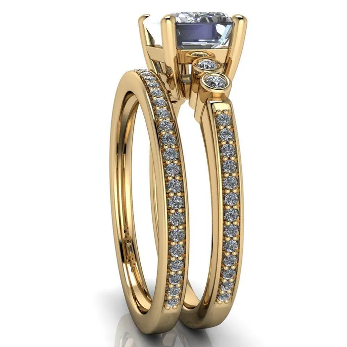 Fire Brilliance Rings Philippa Emerald Center Stone 4 Prong Under Bezel Multi Stone Engagement Ring
