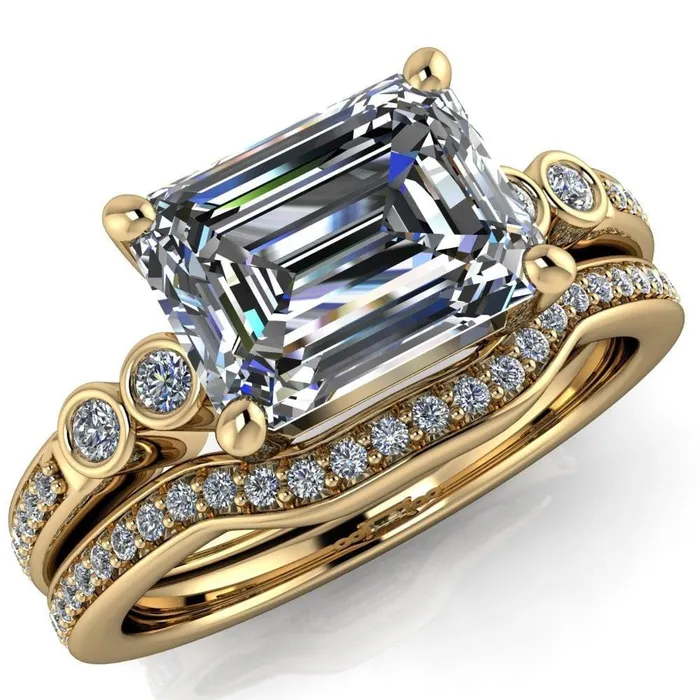 Fire Brilliance Rings Philippa Emerald Center Stone 4 Prong Under Bezel Multi Stone Engagement Ring