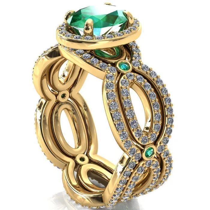 Fire Brilliance Rings Polaris Oval Emerald Diamond Halo Full Eternity Emerald Bezel Diamond Accent Ring