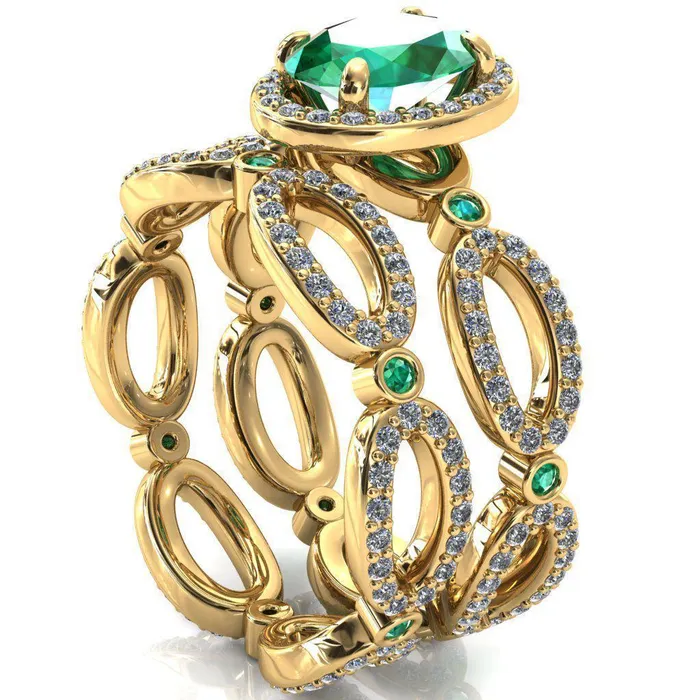Fire Brilliance Rings Polaris Oval Emerald Diamond Halo Full Eternity Emerald Bezel Diamond Accent Ring