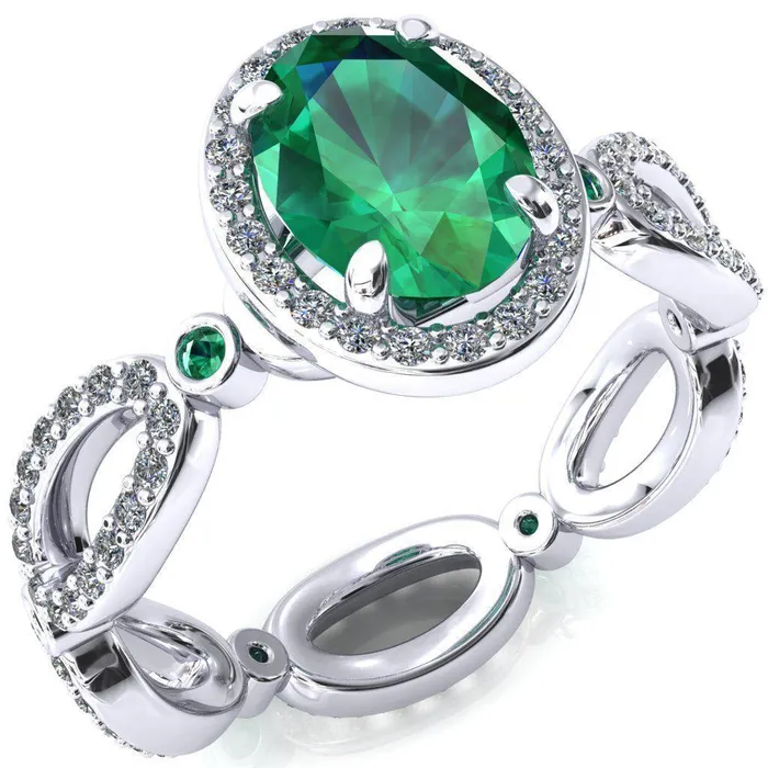 Fire Brilliance Rings Polaris Oval Emerald Diamond Halo Full Eternity Emerald Bezel Diamond Accent Ring