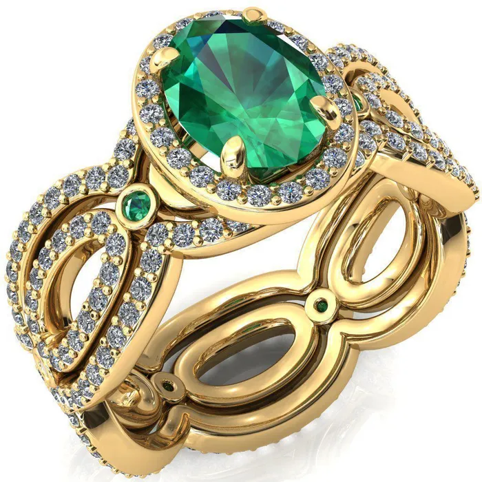Fire Brilliance Rings Polaris Oval Emerald Diamond Halo Full Eternity Emerald Bezel Diamond Accent Ring