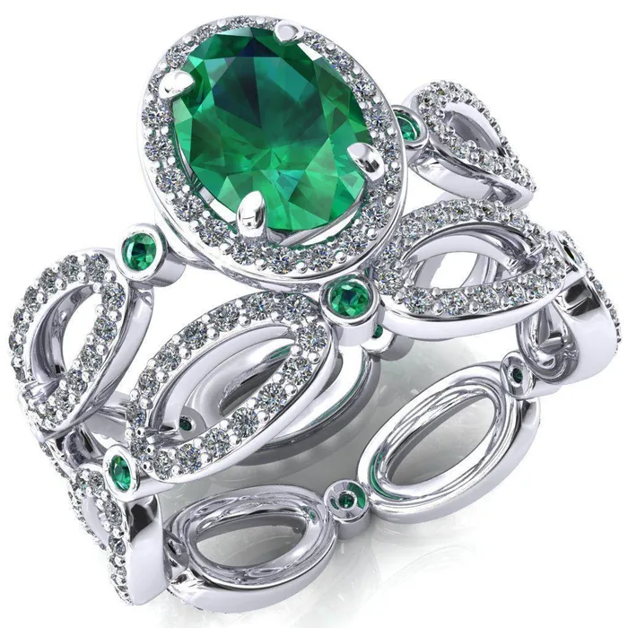 Fire Brilliance Rings Polaris Oval Emerald Diamond Halo Full Eternity Emerald Bezel Diamond Accent Ring