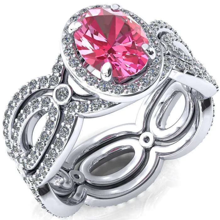 Fire Brilliance Rings Polaris Oval Pink Sapphire 4 Claw Prongs Diamond Halo Full Eternity Accent Ring Fire Brilliance Rings Polaris Oval Pink Sapphire 4 Claw Prongs Diamond Halo Full Eternity Accent Ring