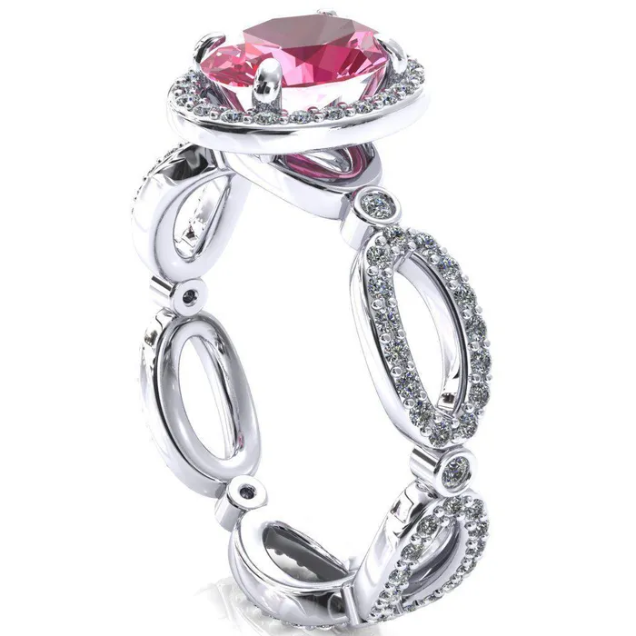 Fire Brilliance Rings Polaris Oval Pink Sapphire 4 Claw Prongs Diamond Halo Full Eternity Accent Ring
