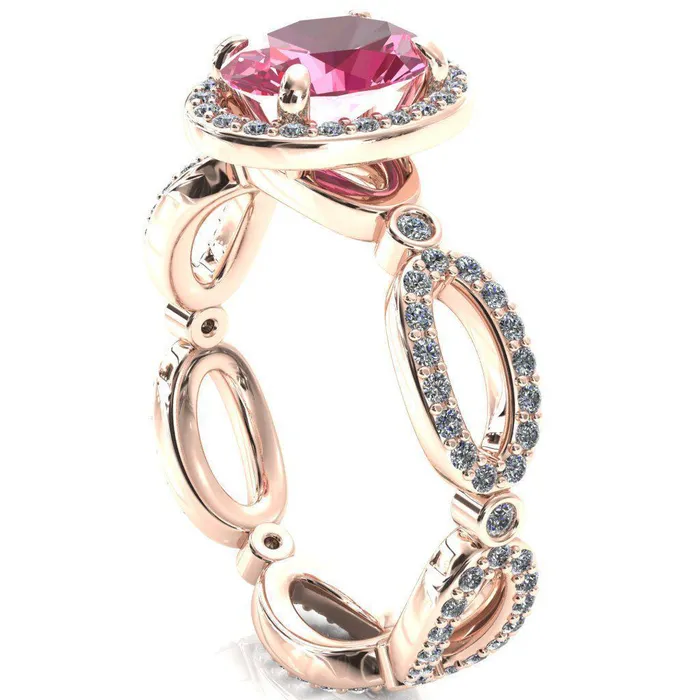 Fire Brilliance Rings Polaris Oval Pink Sapphire 4 Claw Prongs Diamond Halo Full Eternity Accent Ring
