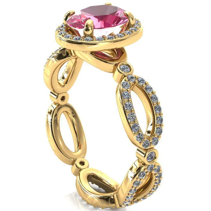 Fire Brilliance Rings Polaris Oval Pink Sapphire 4 Claw Prongs Diamond Halo Full Eternity Accent Ring