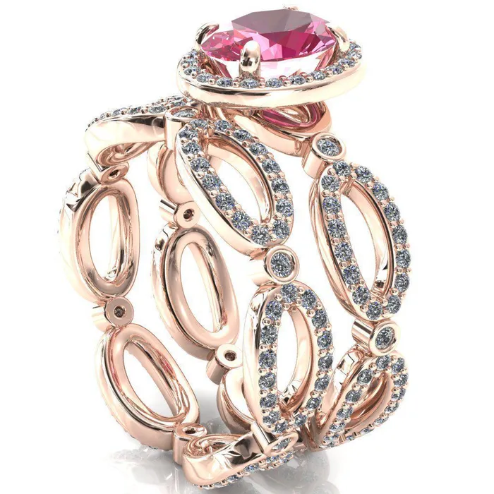 Fire Brilliance Rings Polaris Oval Pink Sapphire 4 Claw Prongs Diamond Halo Full Eternity Accent Ring