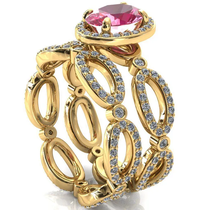 Fire Brilliance Rings Polaris Oval Pink Sapphire 4 Claw Prongs Diamond Halo Full Eternity Accent Ring
