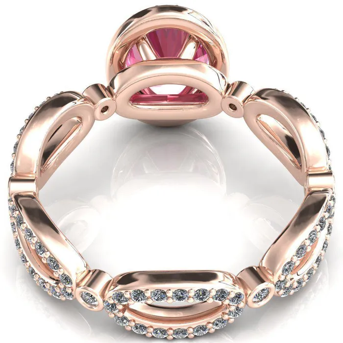 Fire Brilliance Rings Polaris Oval Pink Sapphire 4 Claw Prongs Diamond Halo Full Eternity Accent Ring