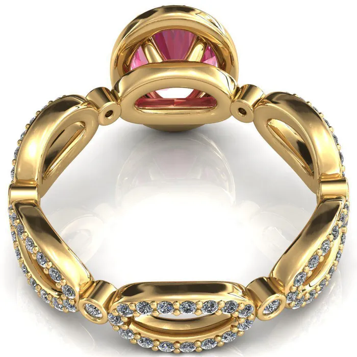 Fire Brilliance Rings Polaris Oval Pink Sapphire 4 Claw Prongs Diamond Halo Full Eternity Accent Ring