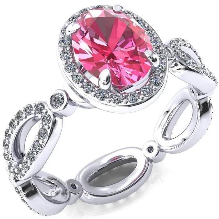 Fire Brilliance Rings Polaris Oval Pink Sapphire 4 Claw Prongs Diamond Halo Full Eternity Accent Ring