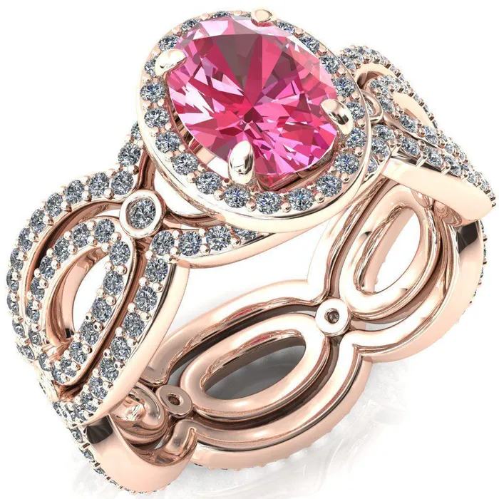 Fire Brilliance Rings Polaris Oval Pink Sapphire 4 Claw Prongs Diamond Halo Full Eternity Accent Ring