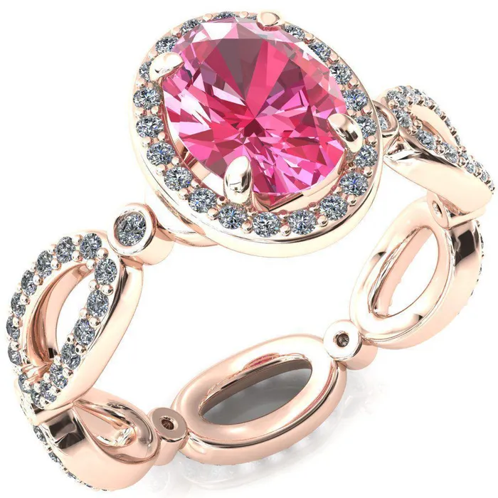 Fire Brilliance Rings Polaris Oval Pink Sapphire 4 Claw Prongs Diamond Halo Full Eternity Accent Ring