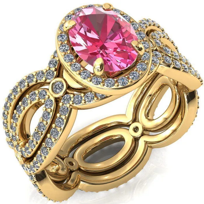 Fire Brilliance Rings Polaris Oval Pink Sapphire 4 Claw Prongs Diamond Halo Full Eternity Accent Ring