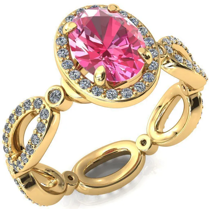 Fire Brilliance Rings Polaris Oval Pink Sapphire 4 Claw Prongs Diamond Halo Full Eternity Accent Ring