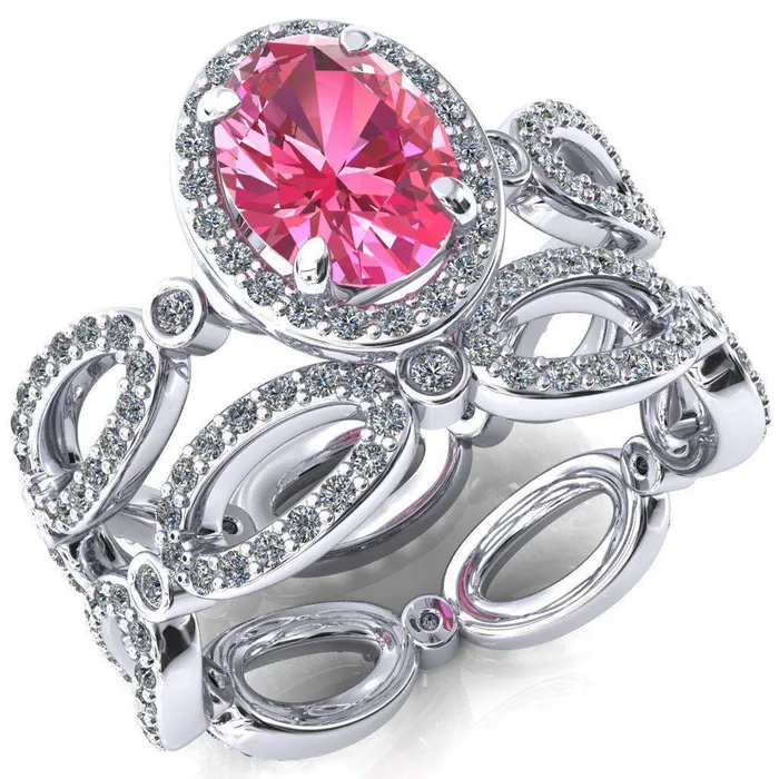 Fire Brilliance Rings Polaris Oval Pink Sapphire 4 Claw Prongs Diamond Halo Full Eternity Accent Ring
