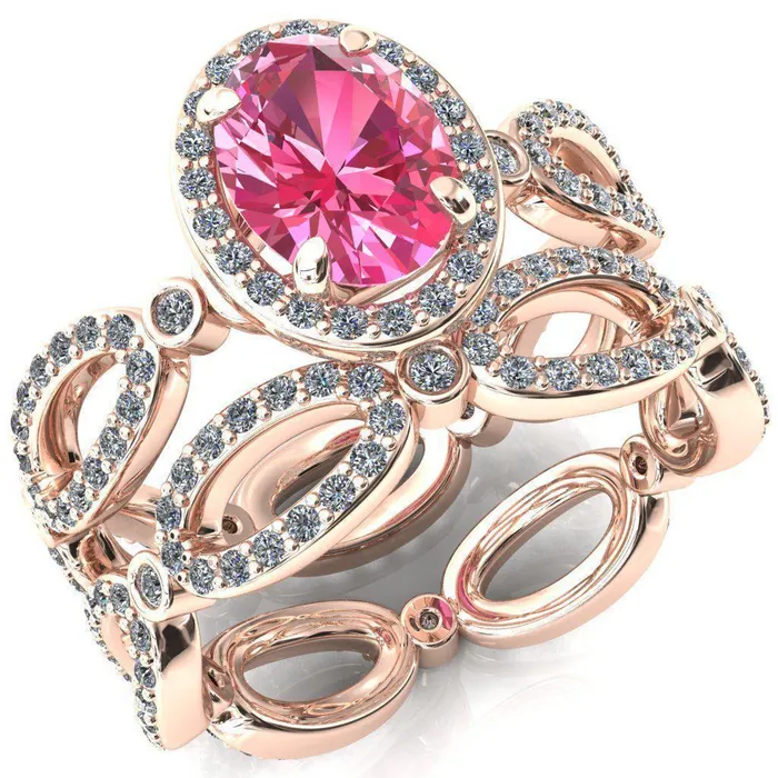 Fire Brilliance Rings Polaris Oval Pink Sapphire 4 Claw Prongs Diamond Halo Full Eternity Accent Ring
