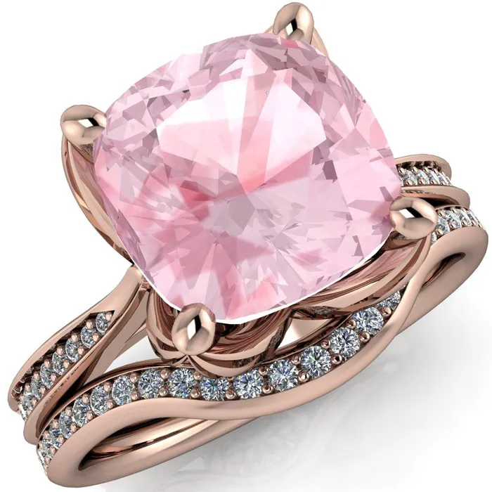 Fire Brilliance Rings Portia 7mm Cushion Cut Morganite Center and Floral Basket Cathedral Diamond Shank 14k Rose Gold Ring