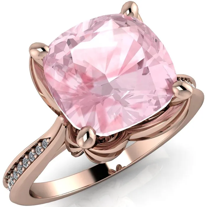 Fire Brilliance Rings Portia 7mm Cushion Cut Morganite Center and Floral Basket Cathedral Diamond Shank 14k Rose Gold Ring