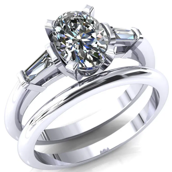 Fire Brilliance Rings Quinn Oval Center Stone 4 Prong Single Baguette Diamond Side Ring