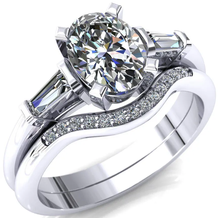 Fire Brilliance Rings Quinn Oval Center Stone 4 Prong Single Baguette Diamond Side Ring