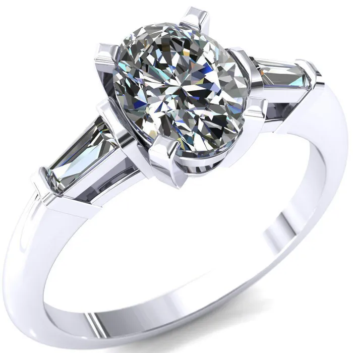 Fire Brilliance Rings Quinn Oval Center Stone 4 Prong Single Baguette Diamond Side Ring