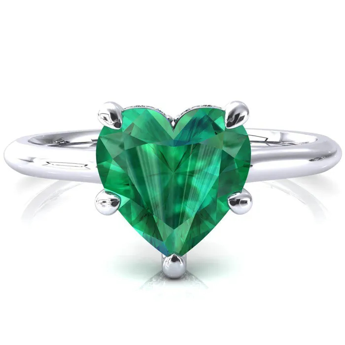 Fire Brilliance Rings Secret Heart Emerald 5 Prong Floating Halo Engagement Ring