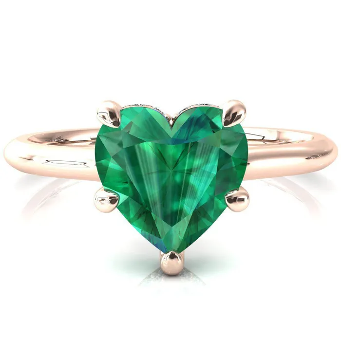 Fire Brilliance Rings Secret Heart Emerald 5 Prong Floating Halo Engagement Ring