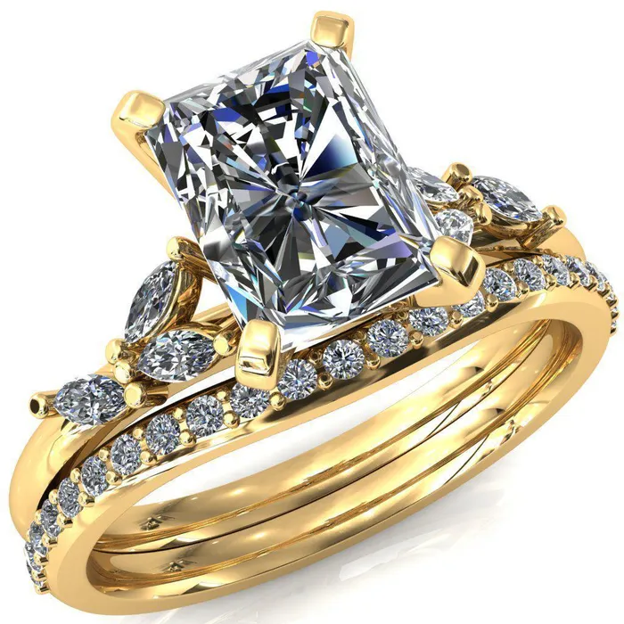 Fire Brilliance Rings Sigrid Radiant Moissanite 4 Prong Marquise Diamond Side Ring Fire Brilliance Rings Sigrid Radiant Moissanite 4 Prong Marquise Diamond Side Ring