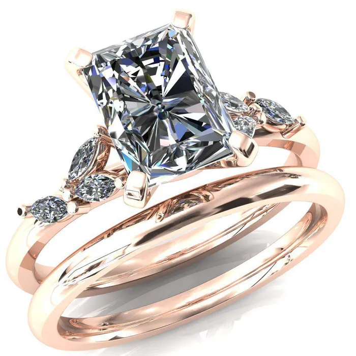 Fire Brilliance Rings Sigrid Radiant Moissanite 4 Prong Marquise Diamond Side Ring